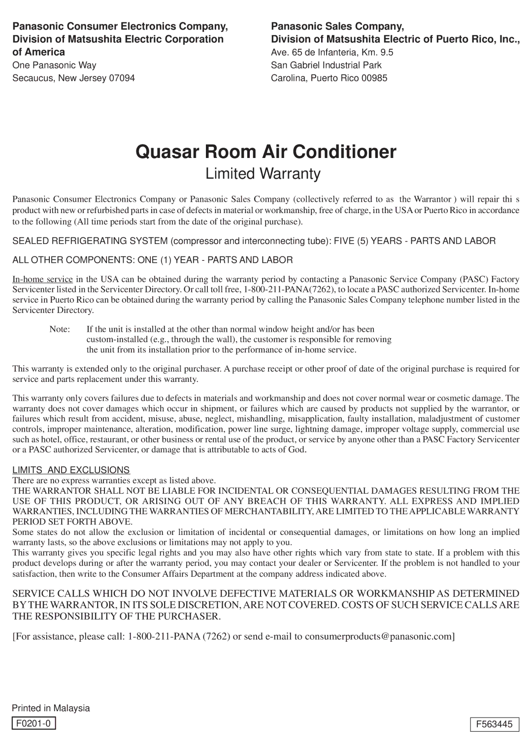 Panasonic HQ-2101SH, HQ-2121SH operating instructions Quasar Room Air Conditioner 