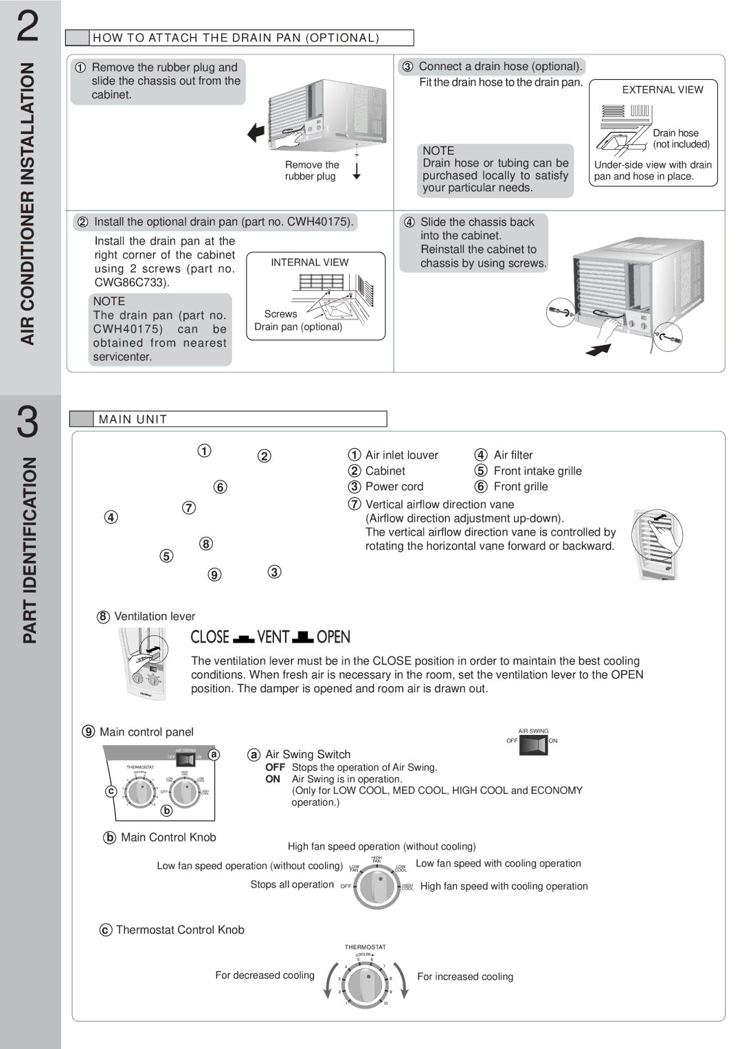 Panasonic HQ-2121SH, HQ-2101SH operating instructions AIR Conditioner Installation, Part, Main Unit 