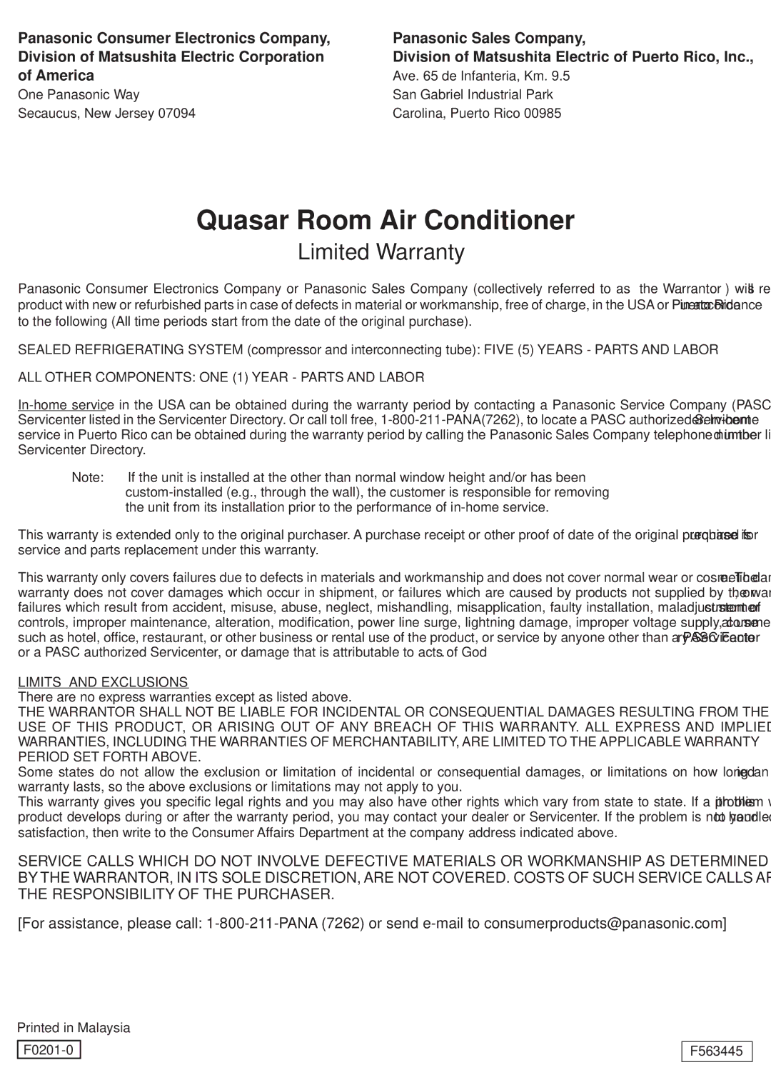 Panasonic HQ-2101SH, HQ-2121SH operating instructions Quasar Room Air Conditioner 