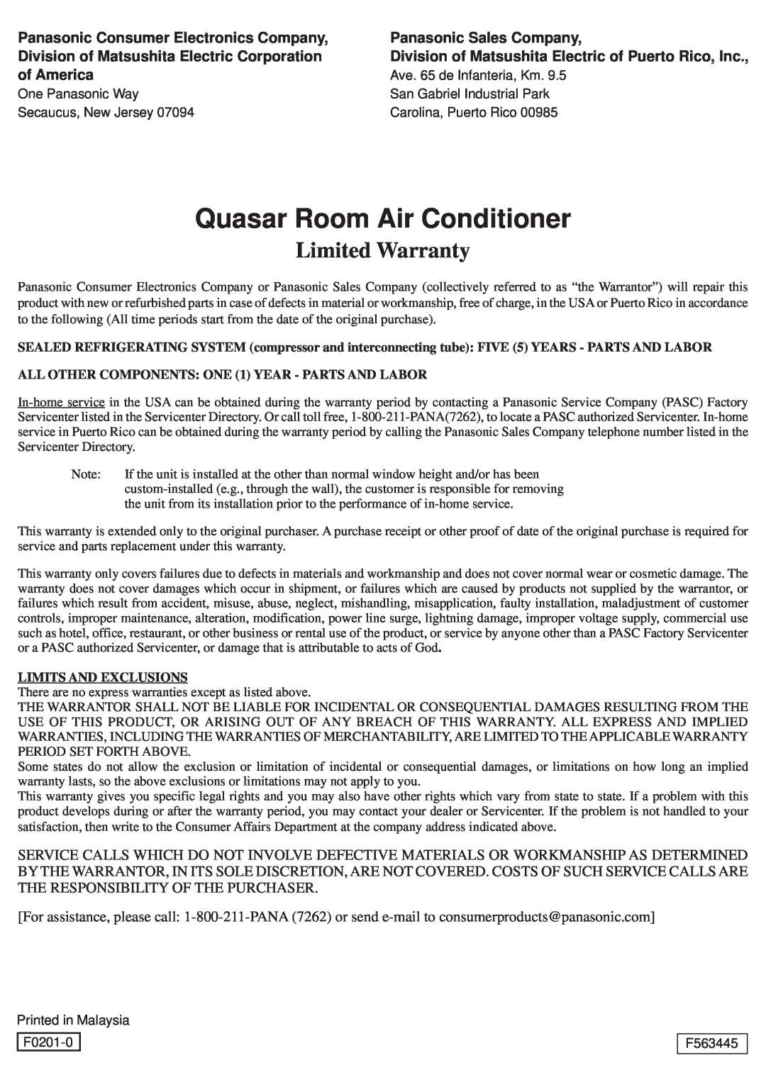 Panasonic HQ-2101SH Quasar Room Air Conditioner, Limited Warranty, Panasonic Consumer Electronics Company, of America 