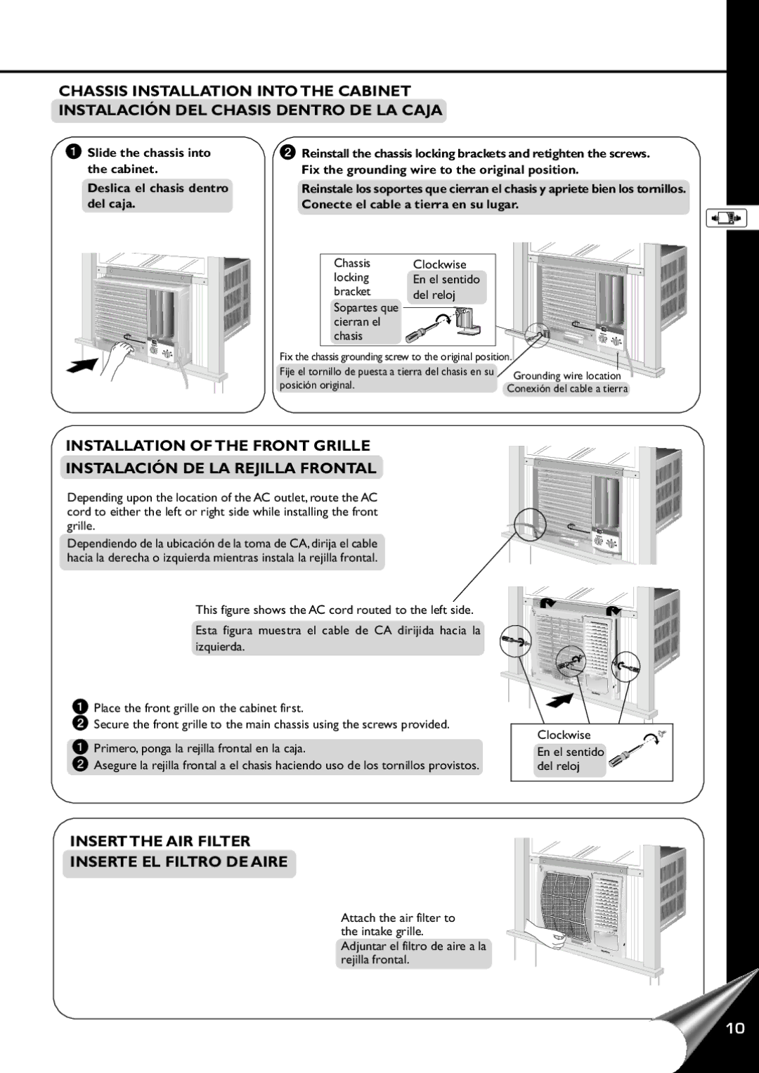 Panasonic HQ-2201SH manual Insert the AIR Filter Inserte EL Filtro DE Aire, Chassis Clockwise Locking, Bracket Del reloj 