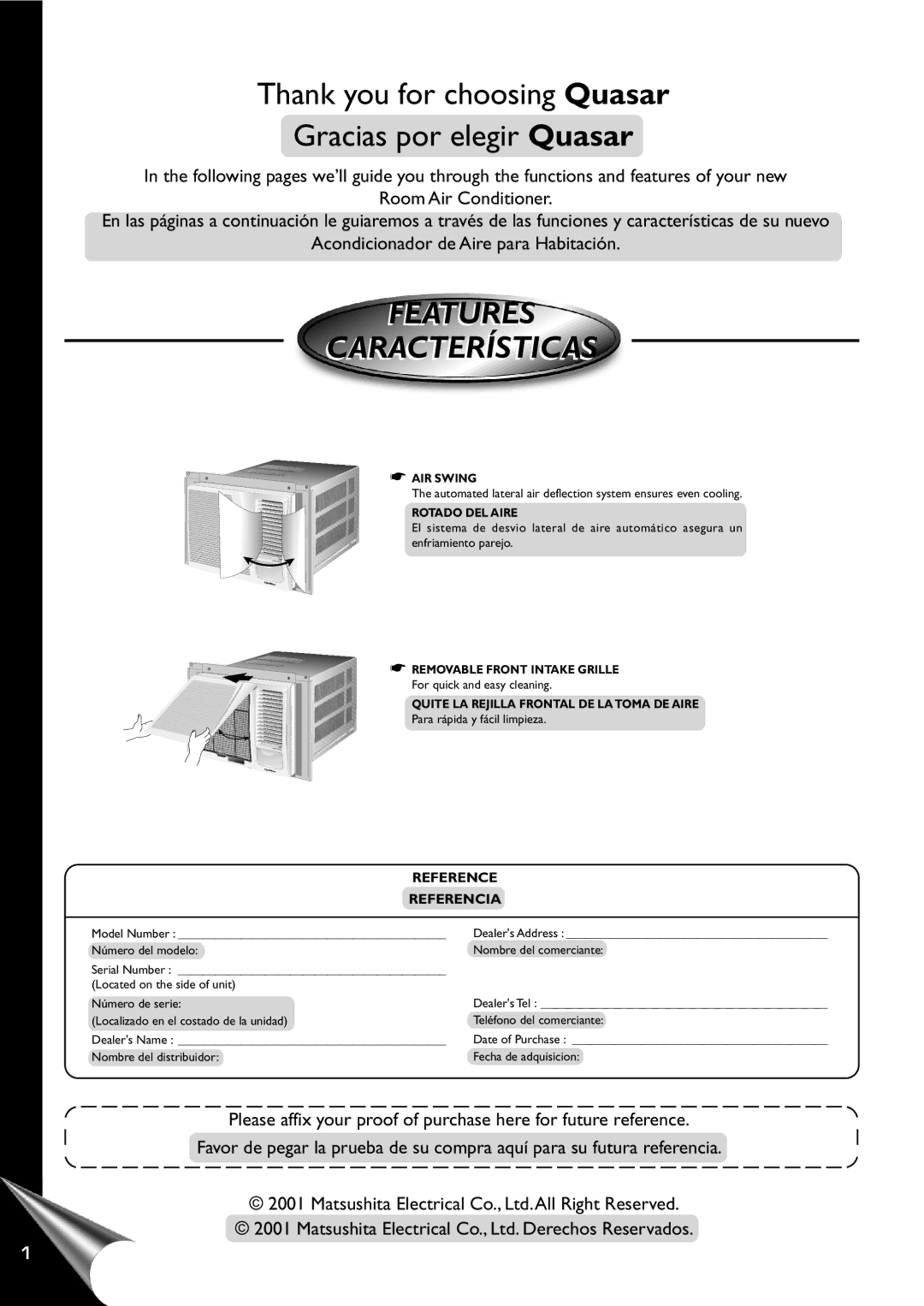 Panasonic HQ-2201SH manual Thank you for choosing Quasar Gracias por elegir Quasar, Features Características 