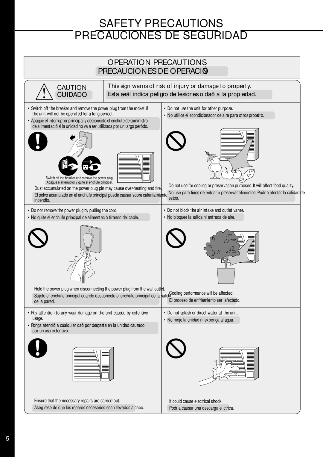 Panasonic HQ-2201SH manual Unit will not be operated for a long period, No bloquee la salida ni entrada de aire 