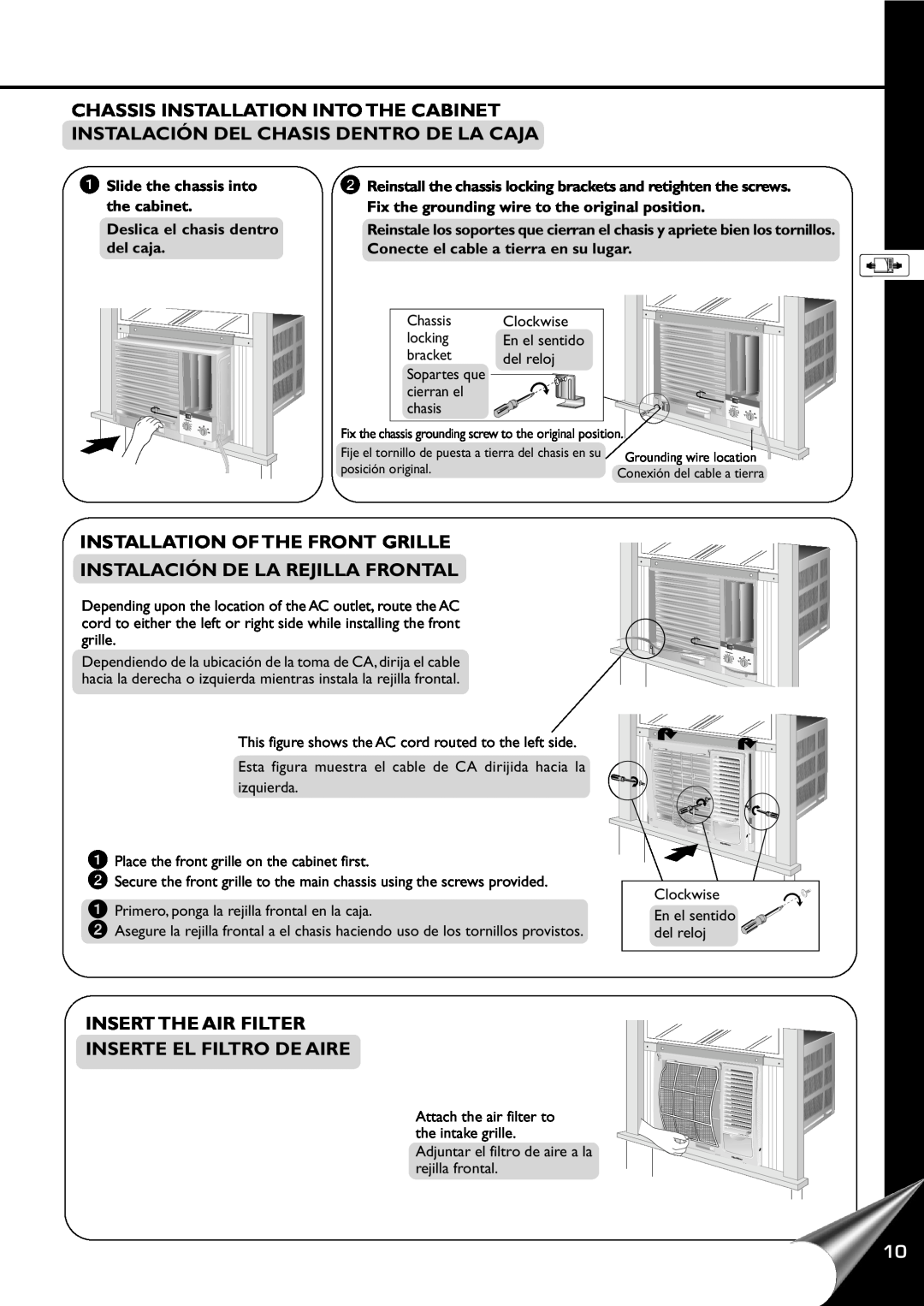 Panasonic HQ-2201SH Installation Of The Front Grille, Instalación De La Rejilla Frontal, Deslica el chasis dentro del caja 
