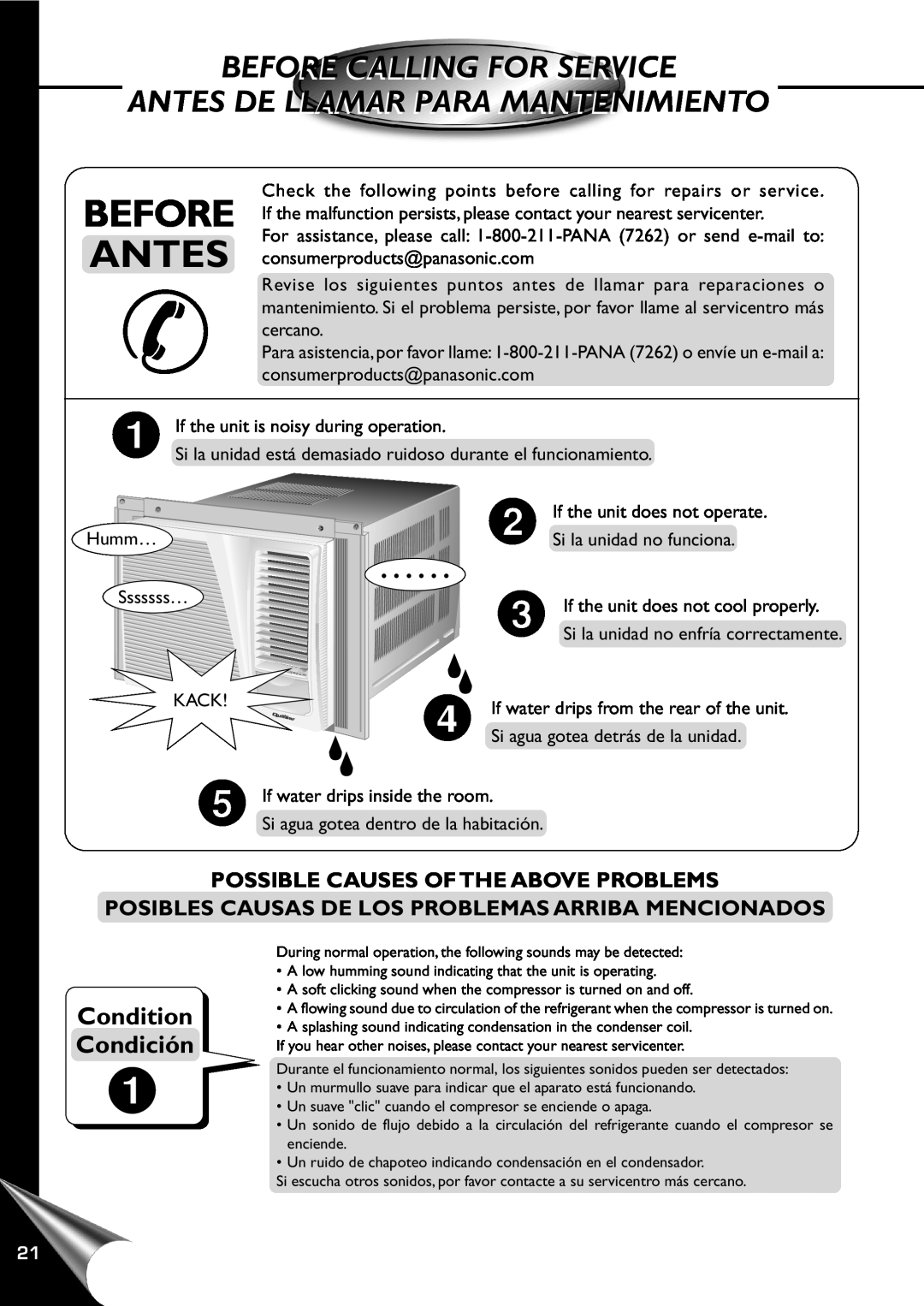Panasonic HQ-2201SH manual Before Calling For Service, Antes De Llamar Para Mantenimiento, Condition, Condición 