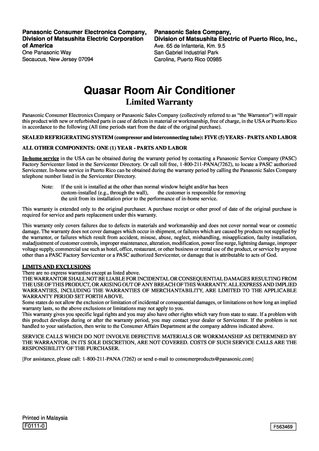 Panasonic HQ-2201SH Quasar Room Air Conditioner, Limited Warranty, Panasonic Consumer Electronics Company, of America 