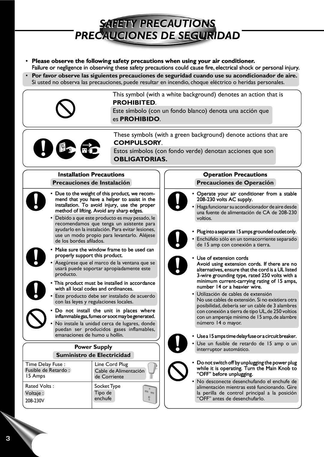 Panasonic HQ-2201SH manual Safety Precautions Precauciones De Seguridad, Prohibited, Compulsory, Obligatorias 