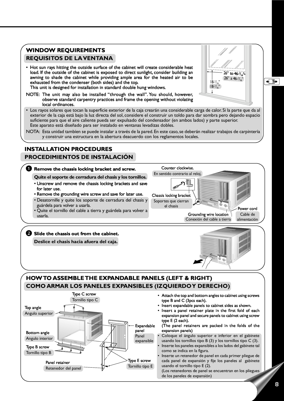Panasonic HQ-2201SH Window Requirements Requisitos De La Ventana, Installation Procedures, Procedimientos De Instalación 