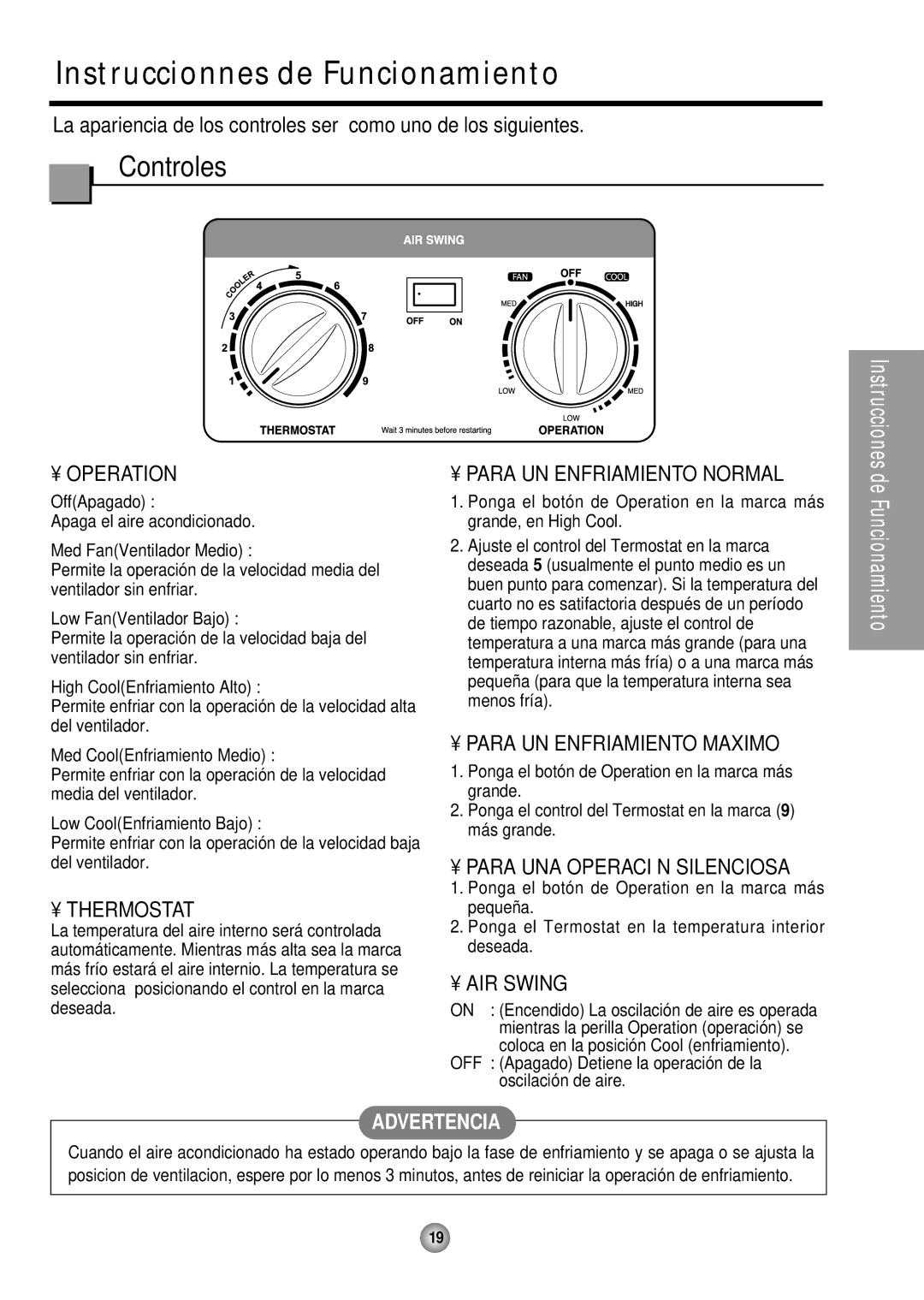 Panasonic HQ-2243TH Instruccionnes de Funcionamiento, Controles, Para UN Enfriamiento Normal, Para UN Enfriamiento Maximo 