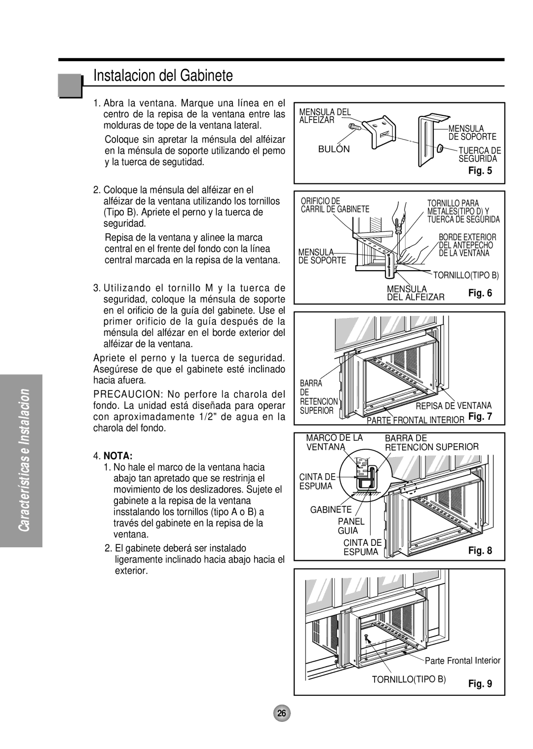 Panasonic HQ-2243TH manual Instalacion del Gabinete, Orificio DE Carril DE Gabinete Mensula DE Soporte 