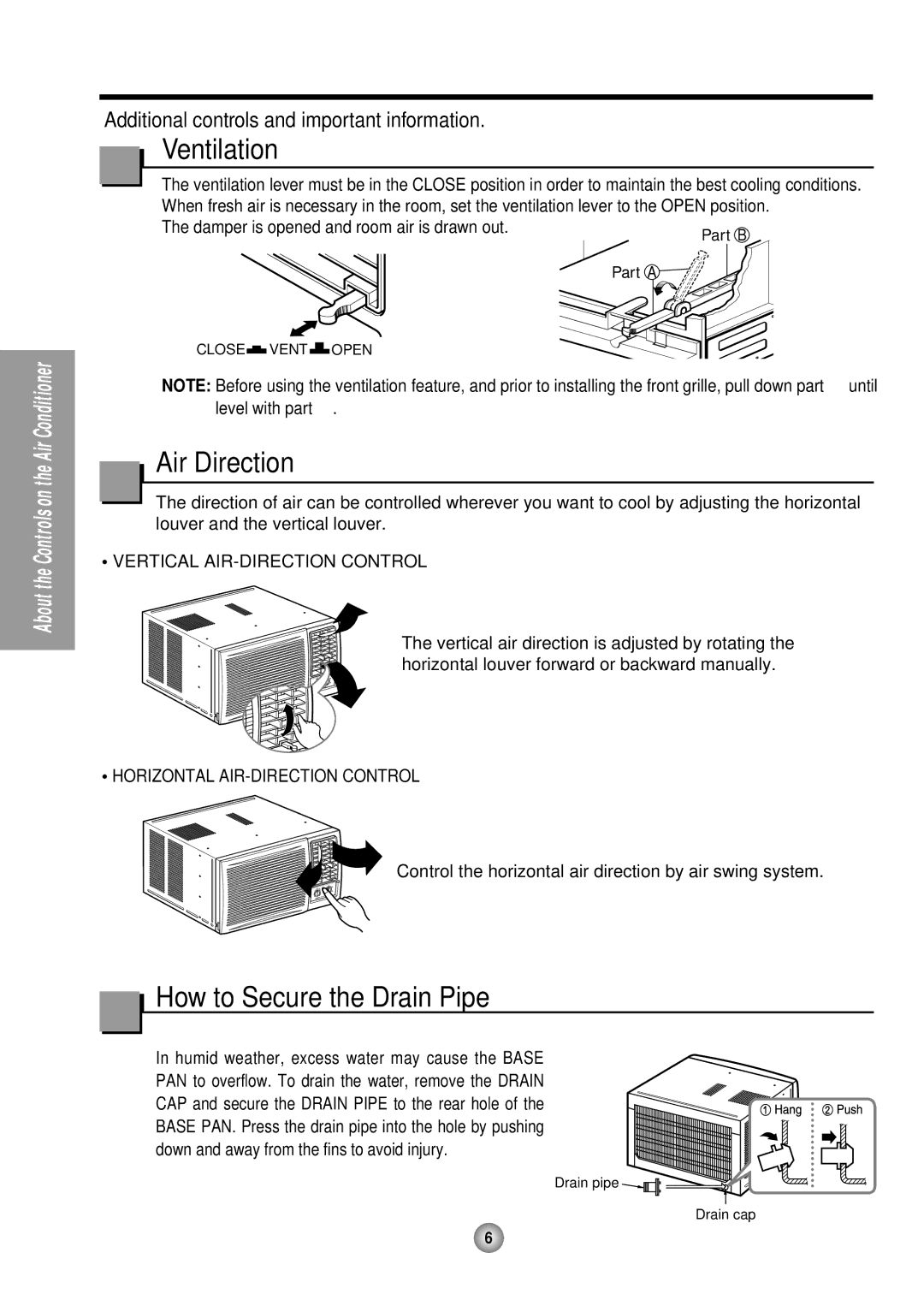 Panasonic HQ-2243TH manual Ventilation, Air Direction, How to Secure the Drain Pipe 