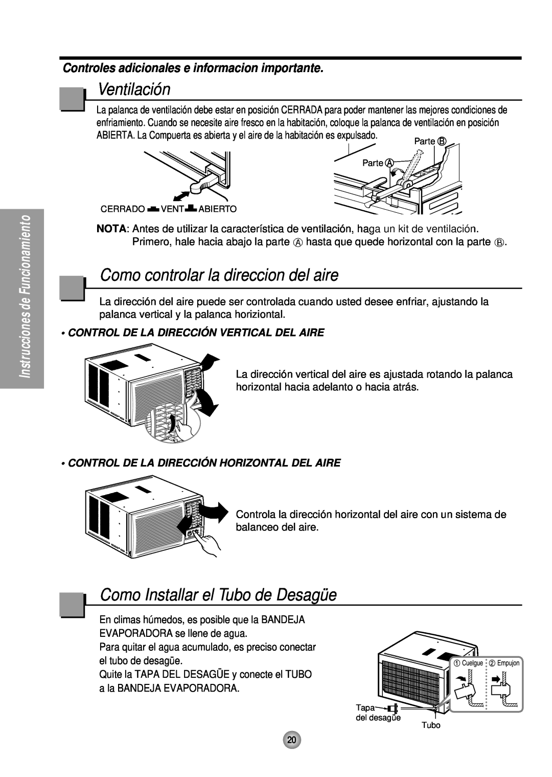 Panasonic HQ-2243TH manual Ventilación, Como controlar la direccion del aire, Como Installar el Tubo de Desagüe 
