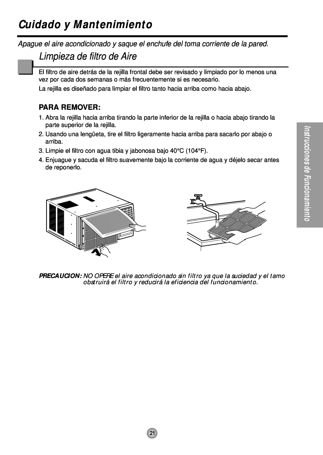 Panasonic HQ-2243TH manual Cuidado y Mantenimiento, Limpieza de filtro de Aire, Para Remover 