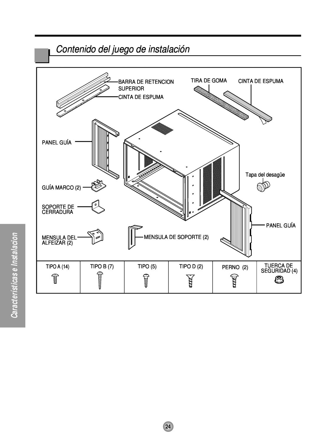 Panasonic HQ-2243TH manual Contenido del juego de instalación, Instalacion, Características 