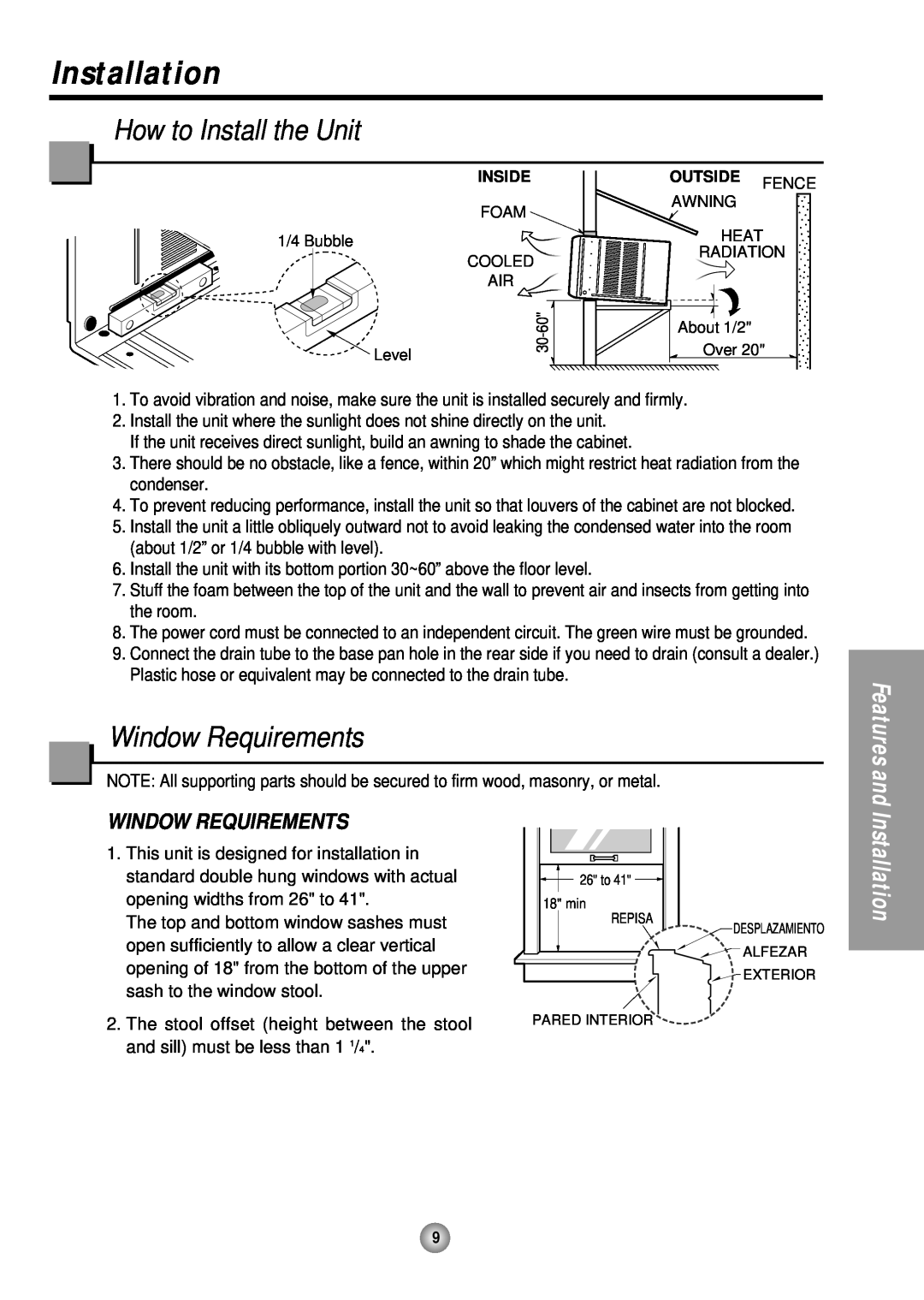 Panasonic HQ-2243TH manual Installation, How to Install the Unit, Window Requirements, Features and 