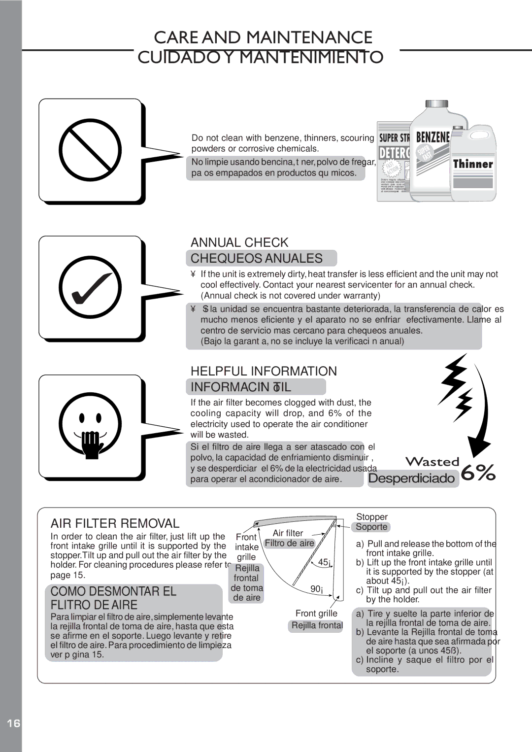 Panasonic HQ2061QH, HQ2081QH Annual Check Chequeos Anuales, Helpful Information Información Útil, AIR Filter Removal 