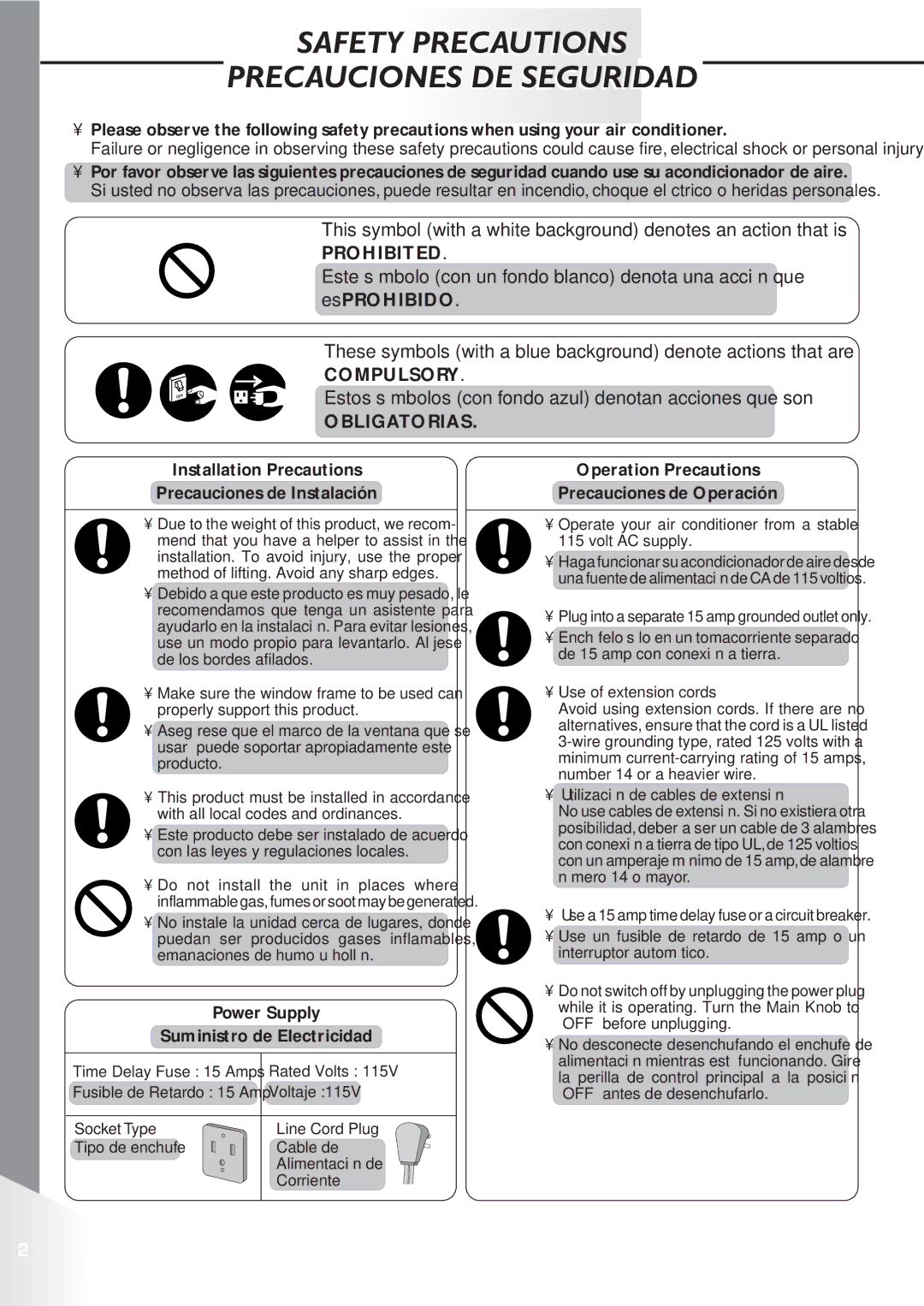 Panasonic HQ2061QH Safety Precautions Precauciones DE Seguridad, Prohibited, Compulsory, Obligatorias, Power Supply 