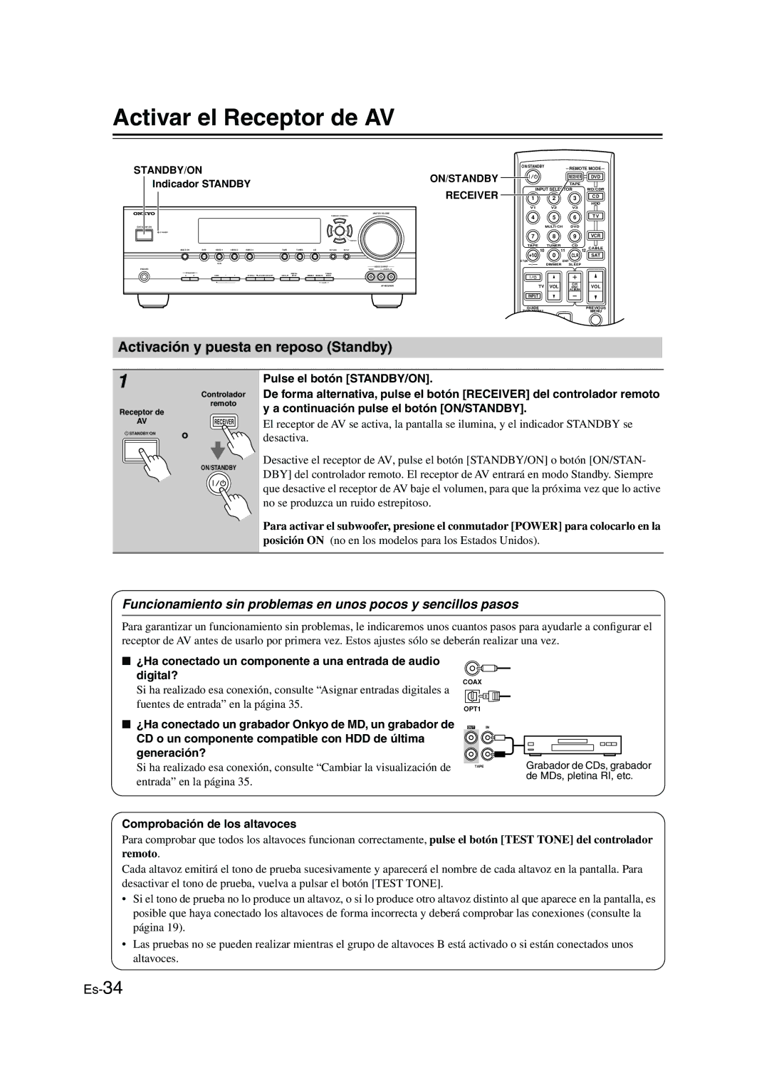 Panasonic HT-S790 manual Activar el Receptor de AV, Activación y puesta en reposo Standby, Comprobación de los altavoces 