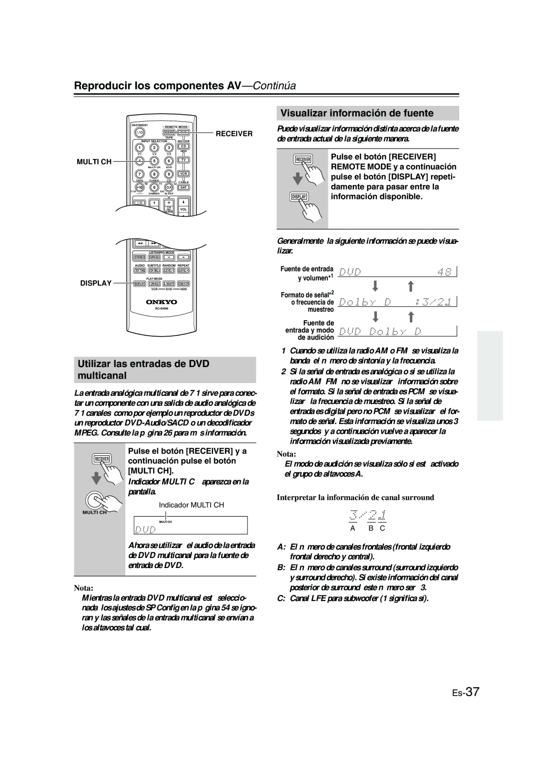 Panasonic HT-S790 manual Reproducir los componentes AV-Continúa, Utilizar las entradas de DVD multicanal 