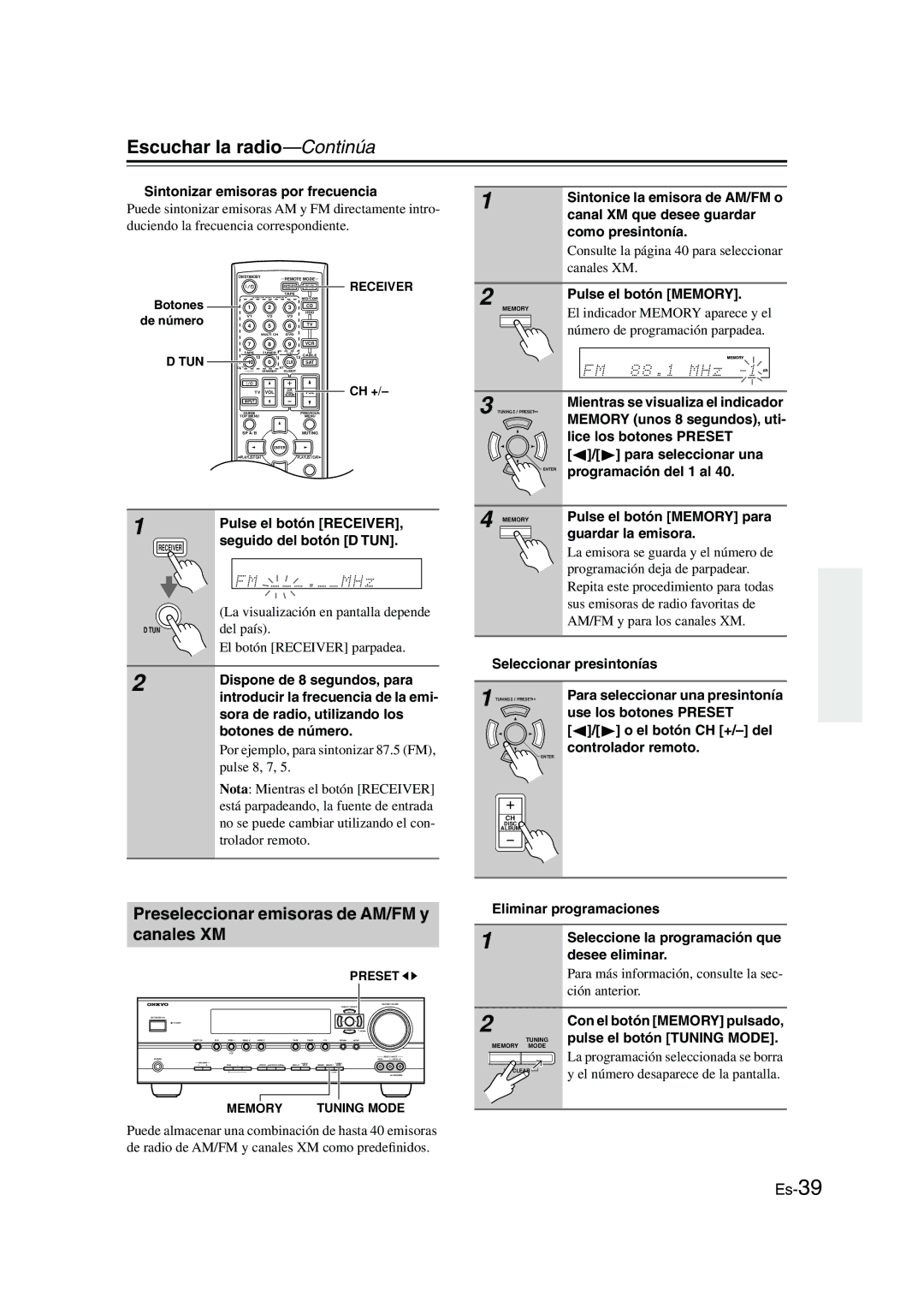 Panasonic HT-S790 manual Escuchar la radio-Continúa, Preseleccionar emisoras de AM/FM y canales XM 