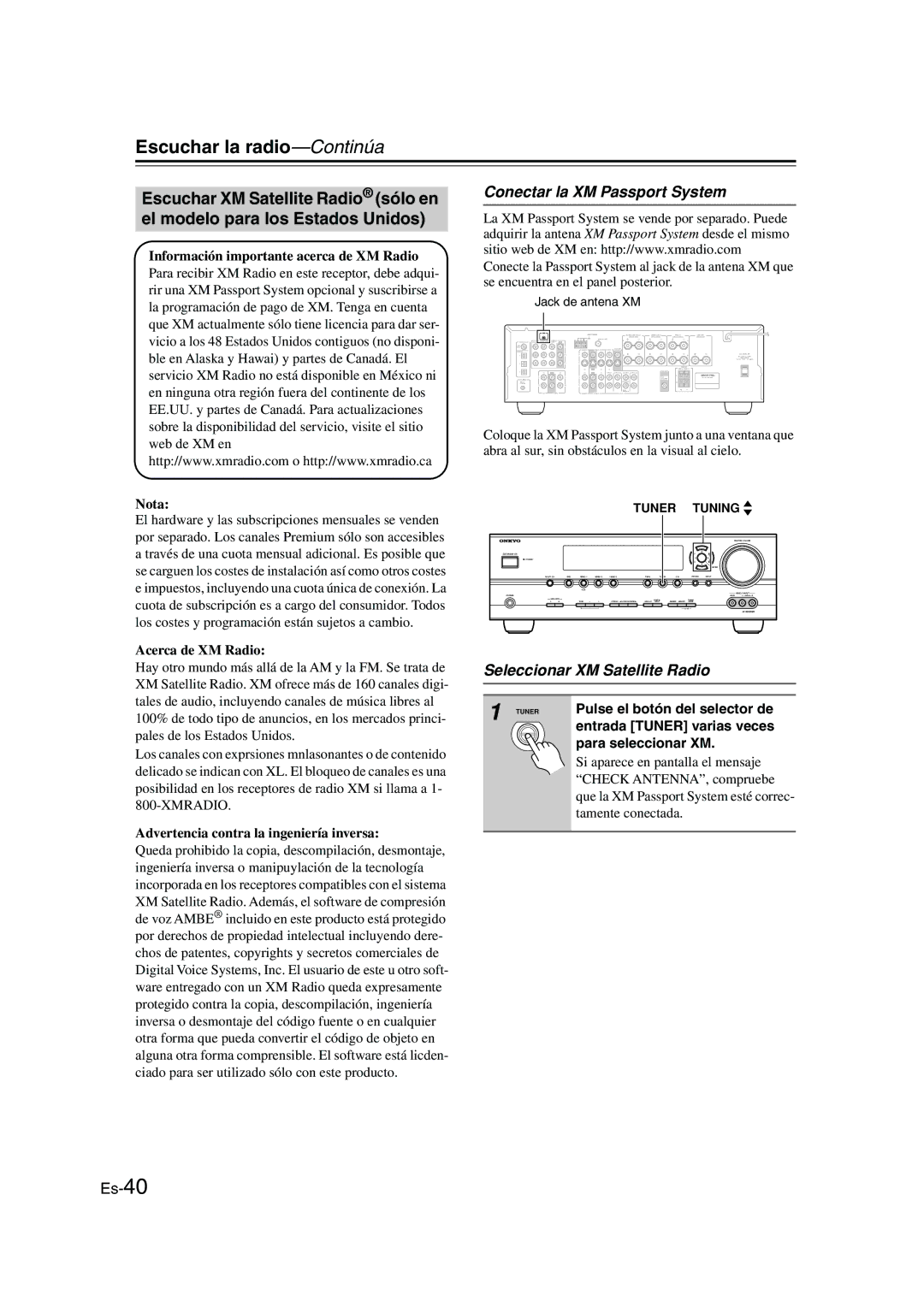 Panasonic HT-S790 manual Conectar la XM Passport System, Seleccionar XM Satellite Radio, Entrada Tuner varias veces 