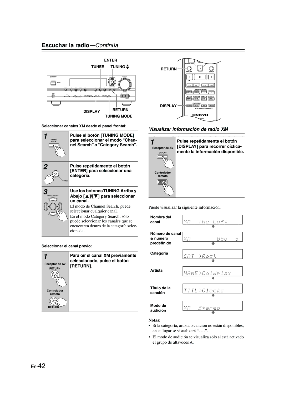 Panasonic HT-S790 manual Visualizar información de radio XM, Para seleccionar el modo Chan, Display para recorrer cíclica 