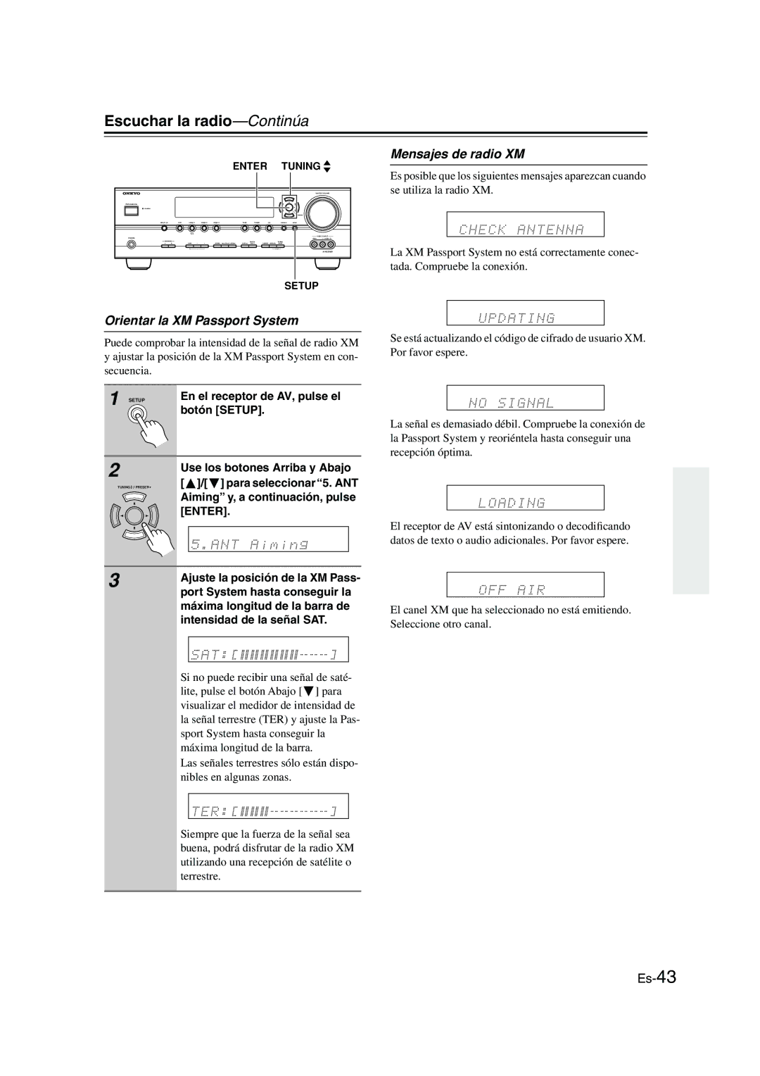 Panasonic HT-S790 manual Mensajes de radio XM, Orientar la XM Passport System 