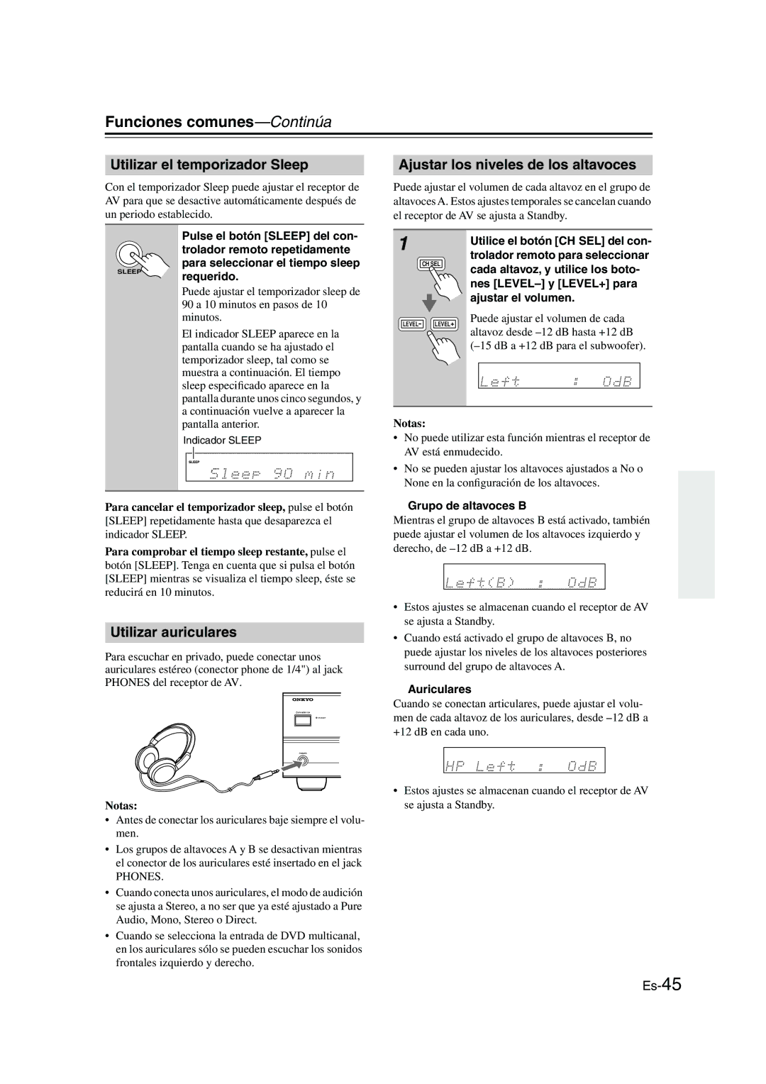 Panasonic HT-S790 manual Funciones comunes-Continúa, Utilizar el temporizador Sleep, Ajustar los niveles de los altavoces 