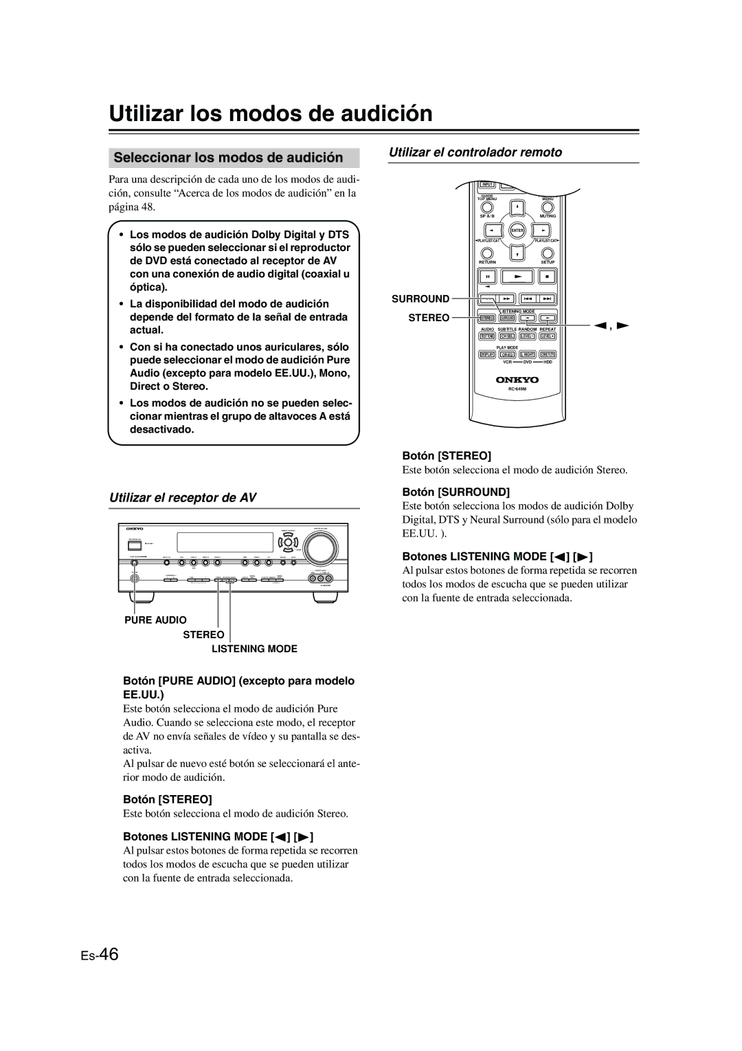 Panasonic HT-S790 manual Utilizar los modos de audición, Seleccionar los modos de audición, Utilizar el receptor de AV 