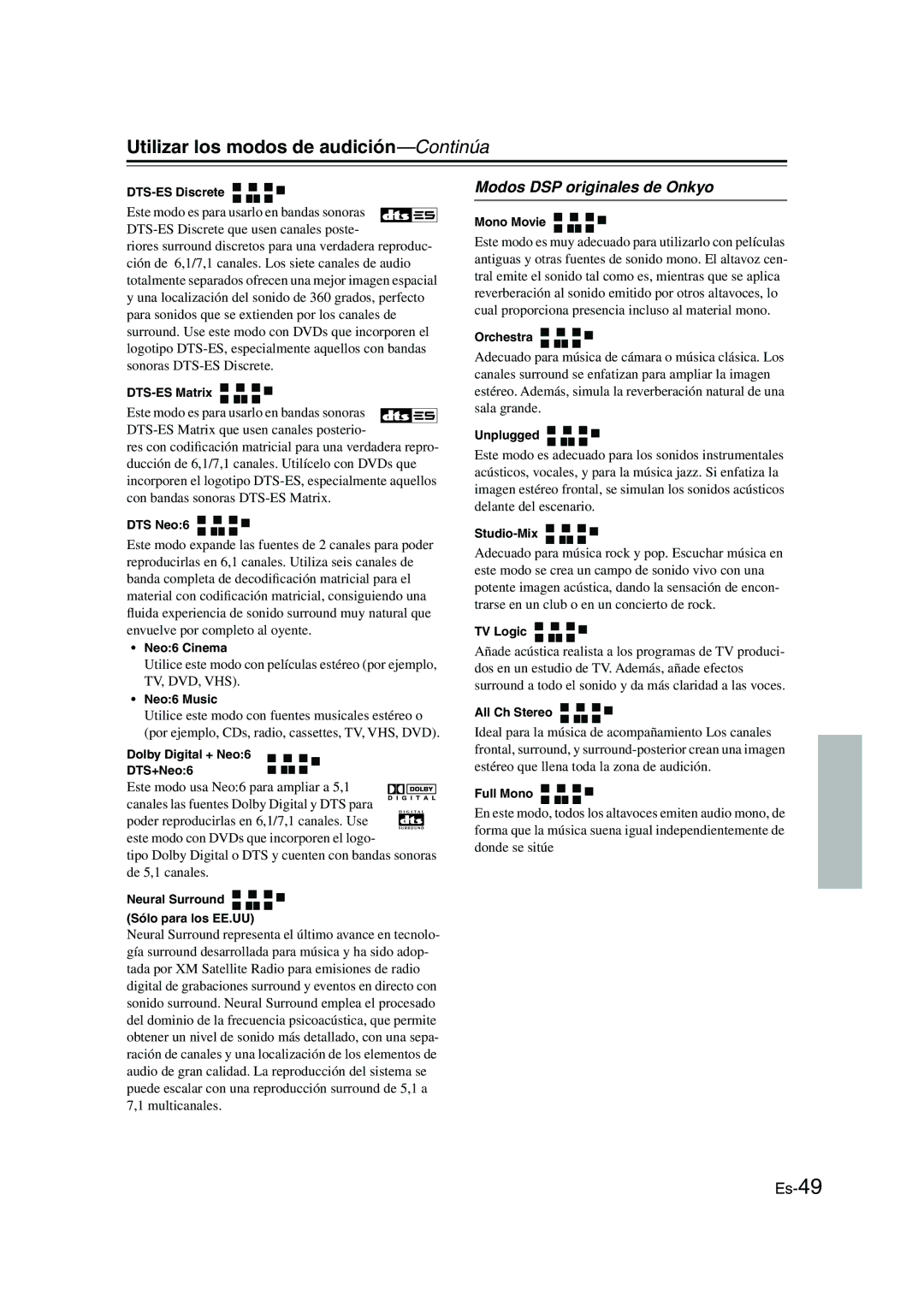 Panasonic HT-S790 manual Modos DSP originales de Onkyo, Neural Surround Sólo para los EE.UU 