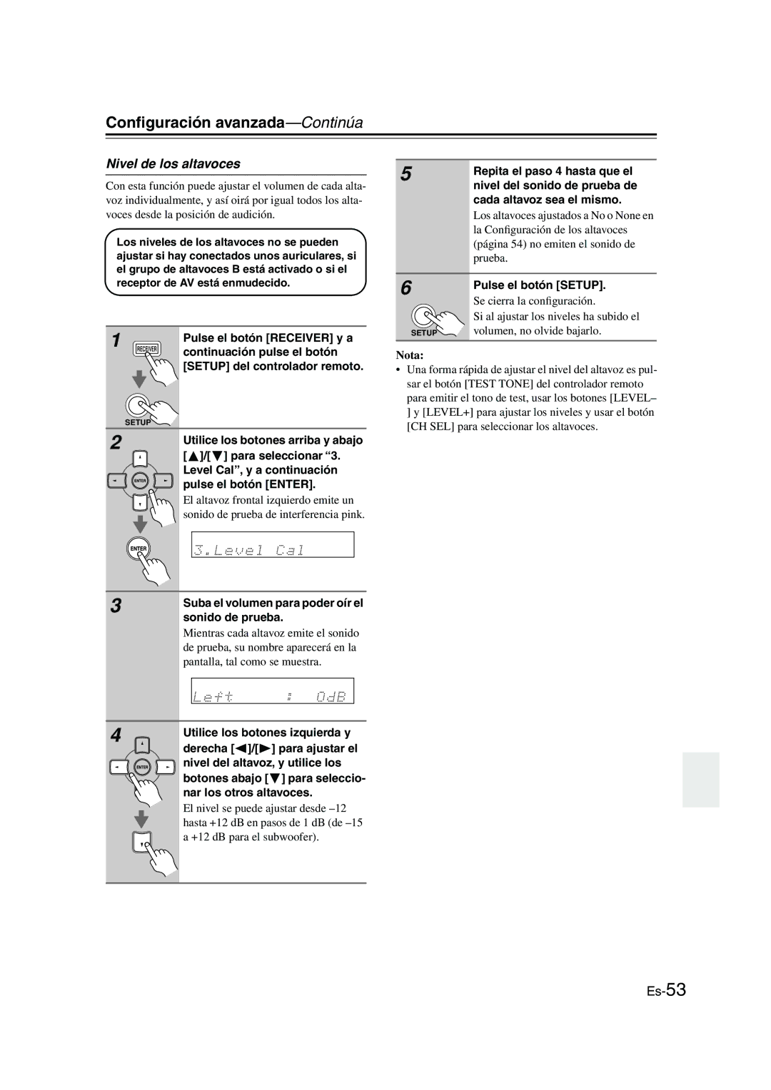 Panasonic HT-S790 manual Conﬁguración avanzada-Continúa, Nivel de los altavoces 