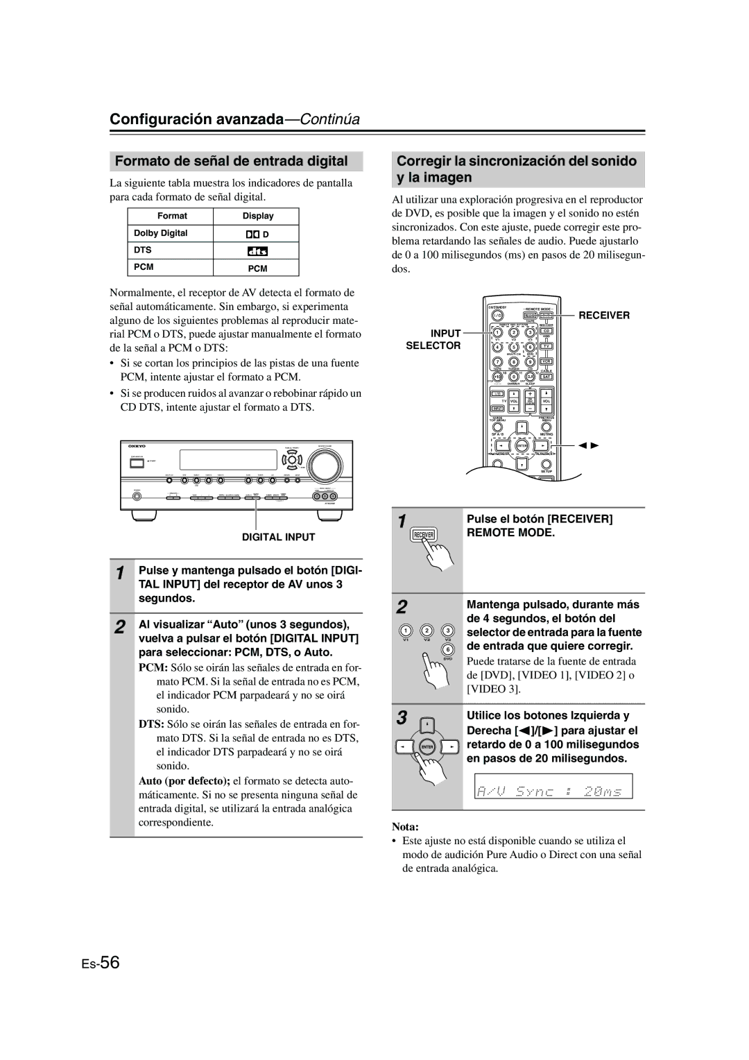 Panasonic HT-S790 manual Formato de señal de entrada digital, Corregir la sincronización del sonido y la imagen 