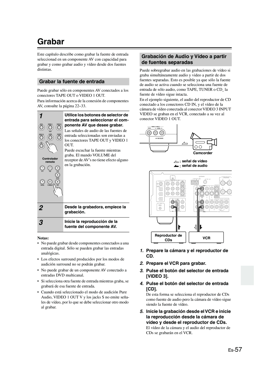 Panasonic HT-S790 manual Grabar la fuente de entrada, Grabación de Audio y Vídeo a partir de fuentes separadas 