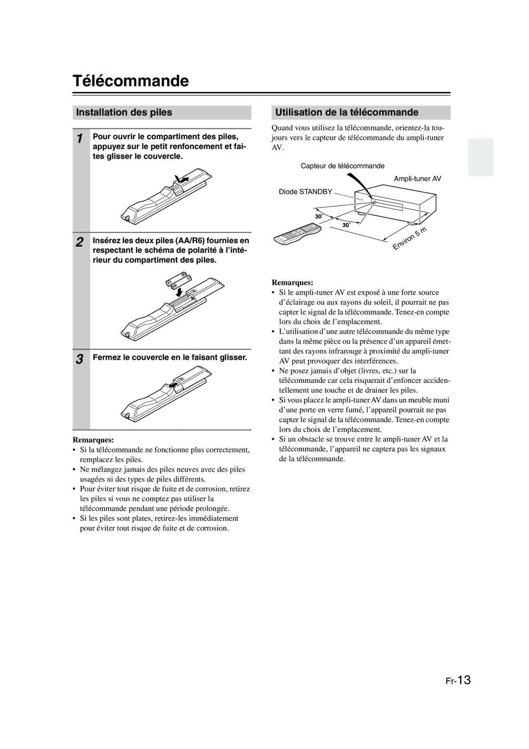 Panasonic HT-S790 manual Télécommande, Installation des piles, Utilisation de la télécommande, Remarques 