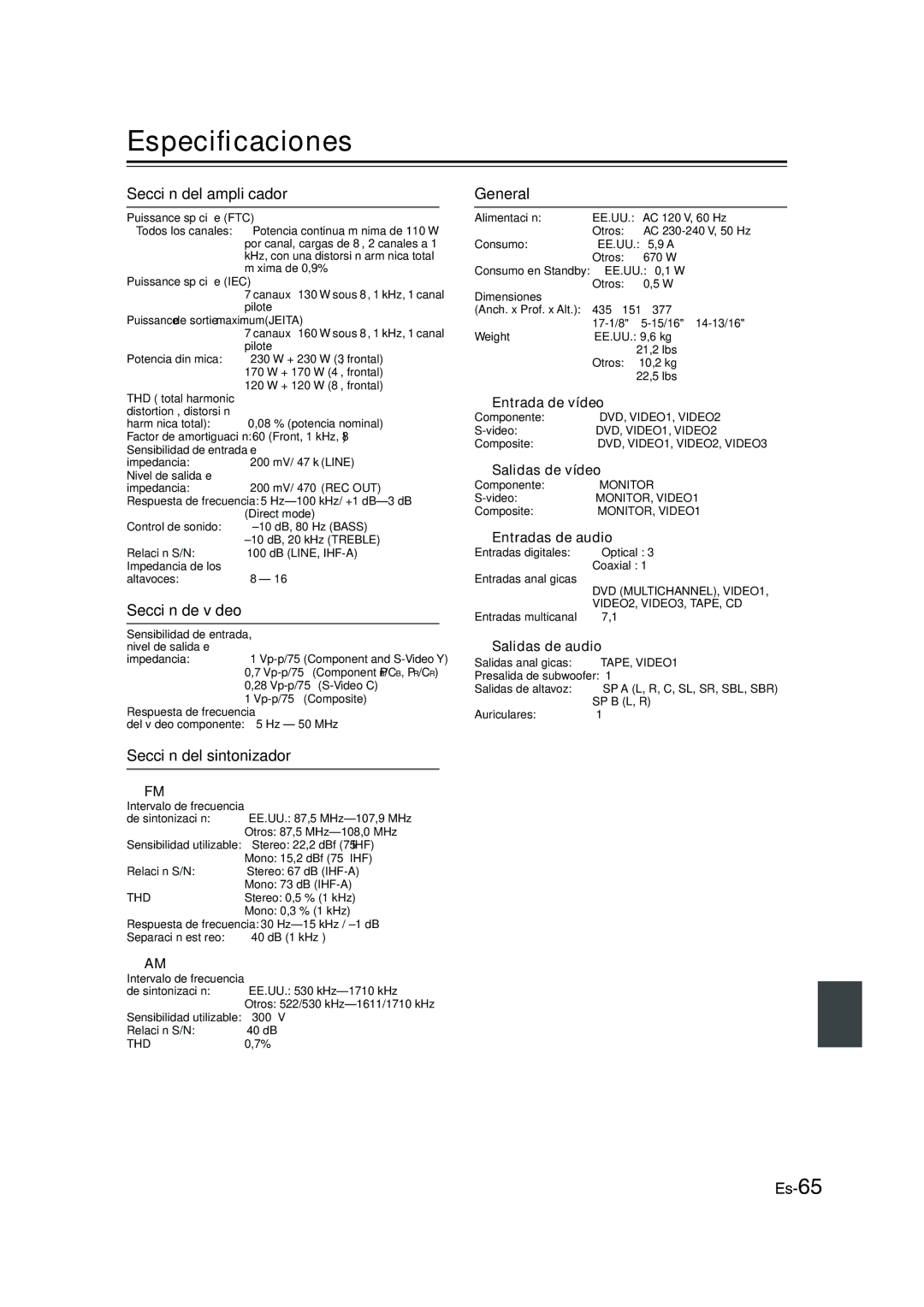 Panasonic HT-S790 manual Especiﬁcaciones, Sección del ampliﬁcador, Sección de vídeo, Sección del sintonizador, General 