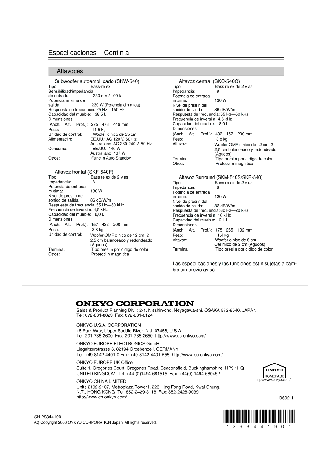 Panasonic HT-S790 manual Especiﬁcaciones-Continúa, Altavoces 