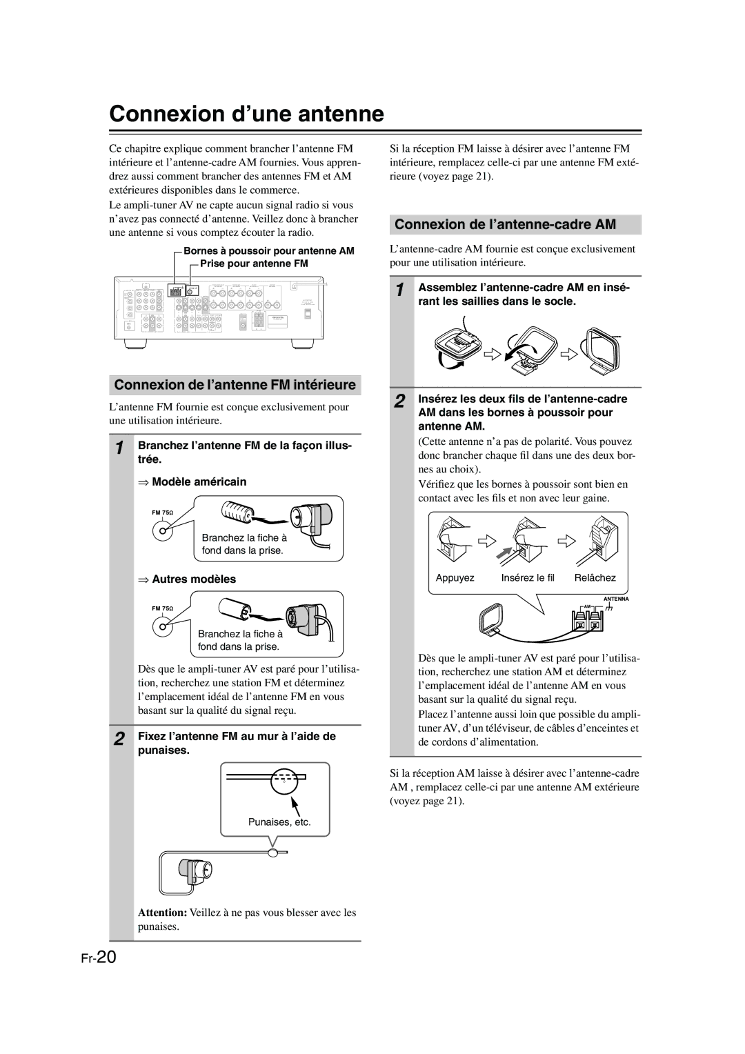 Panasonic HT-S790 manual Connexion d’une antenne, Connexion de l’antenne-cadre AM, Connexion de l’antenne FM intérieure 