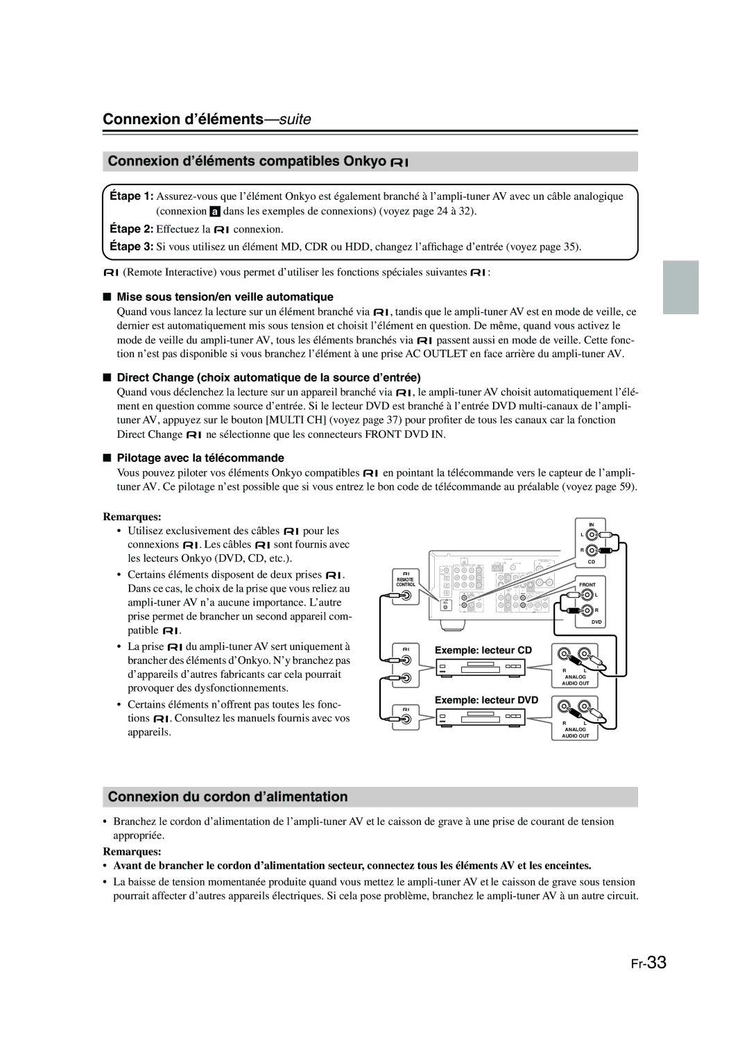 Panasonic HT-S790 manual Connexion d’éléments compatibles Onkyo, Connexion du cordon d’alimentation 