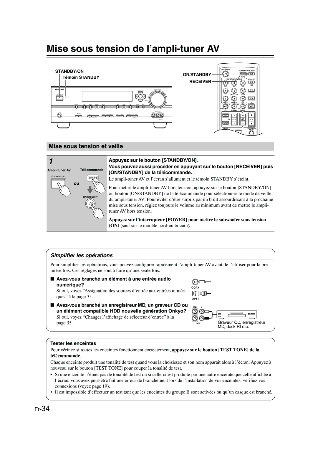 Panasonic HT-S790 manual Mise sous tension de l’ampli-tuner AV, Mise sous tension et veille, Simpliﬁer les opérations 