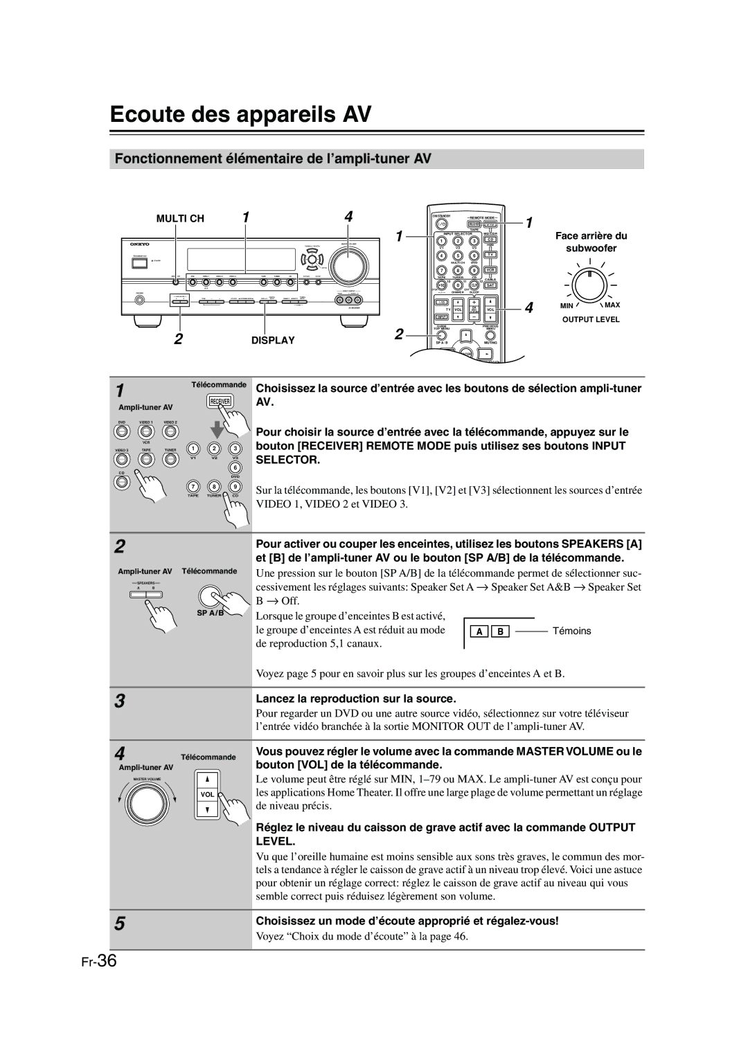 Panasonic HT-S790 manual Ecoute des appareils AV, Fonctionnement élémentaire de l’ampli-tuner AV 