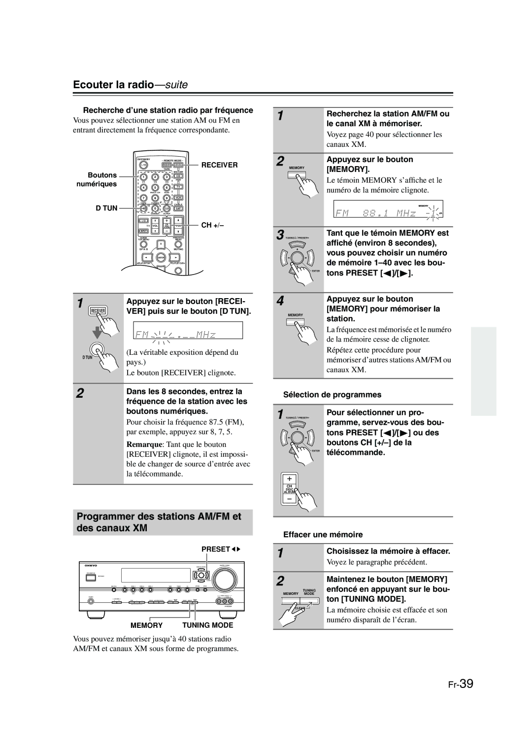 Panasonic HT-S790 manual Ecouter la radio-suite, Programmer des stations AM/FM et des canaux XM 