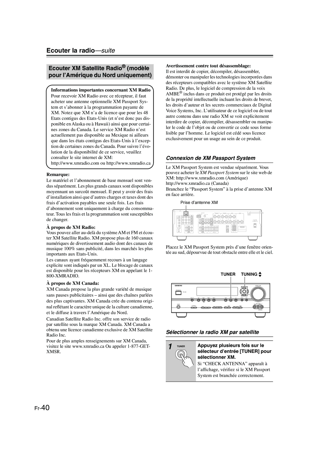 Panasonic HT-S790 manual Connexion de XM Passport System, Sélectionner la radio XM par satellite 