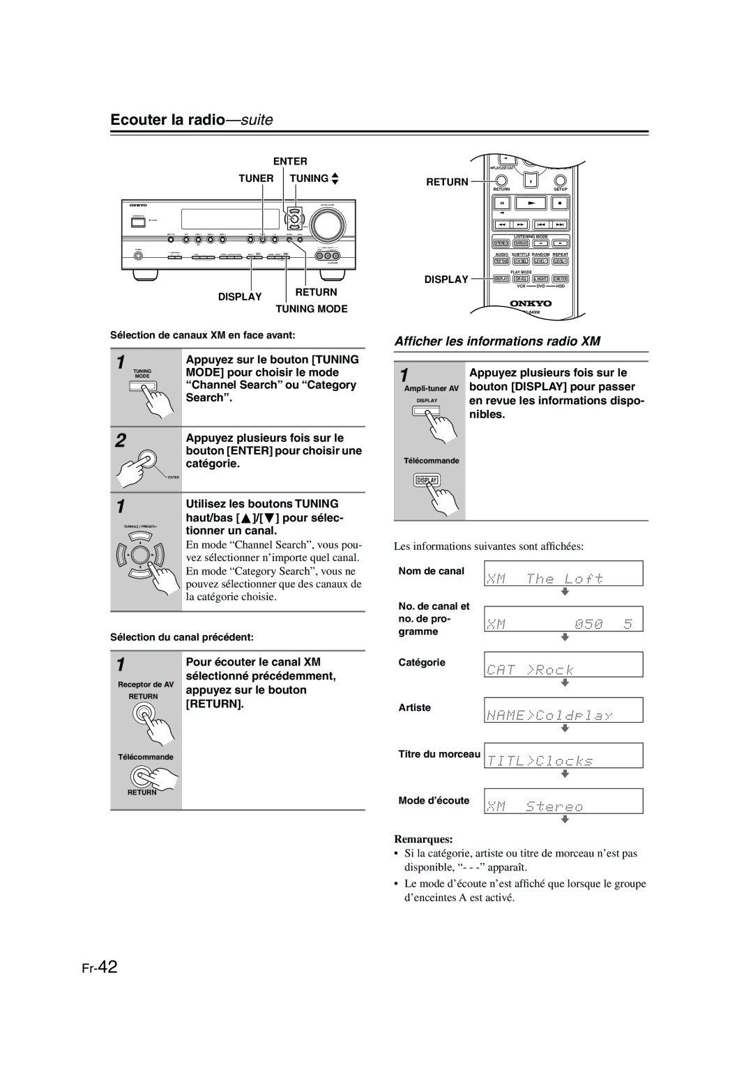 Panasonic HT-S790 Afﬁcher les informations radio XM, Mode pour choisir le mode, En revue les informations dispo, Nibles 