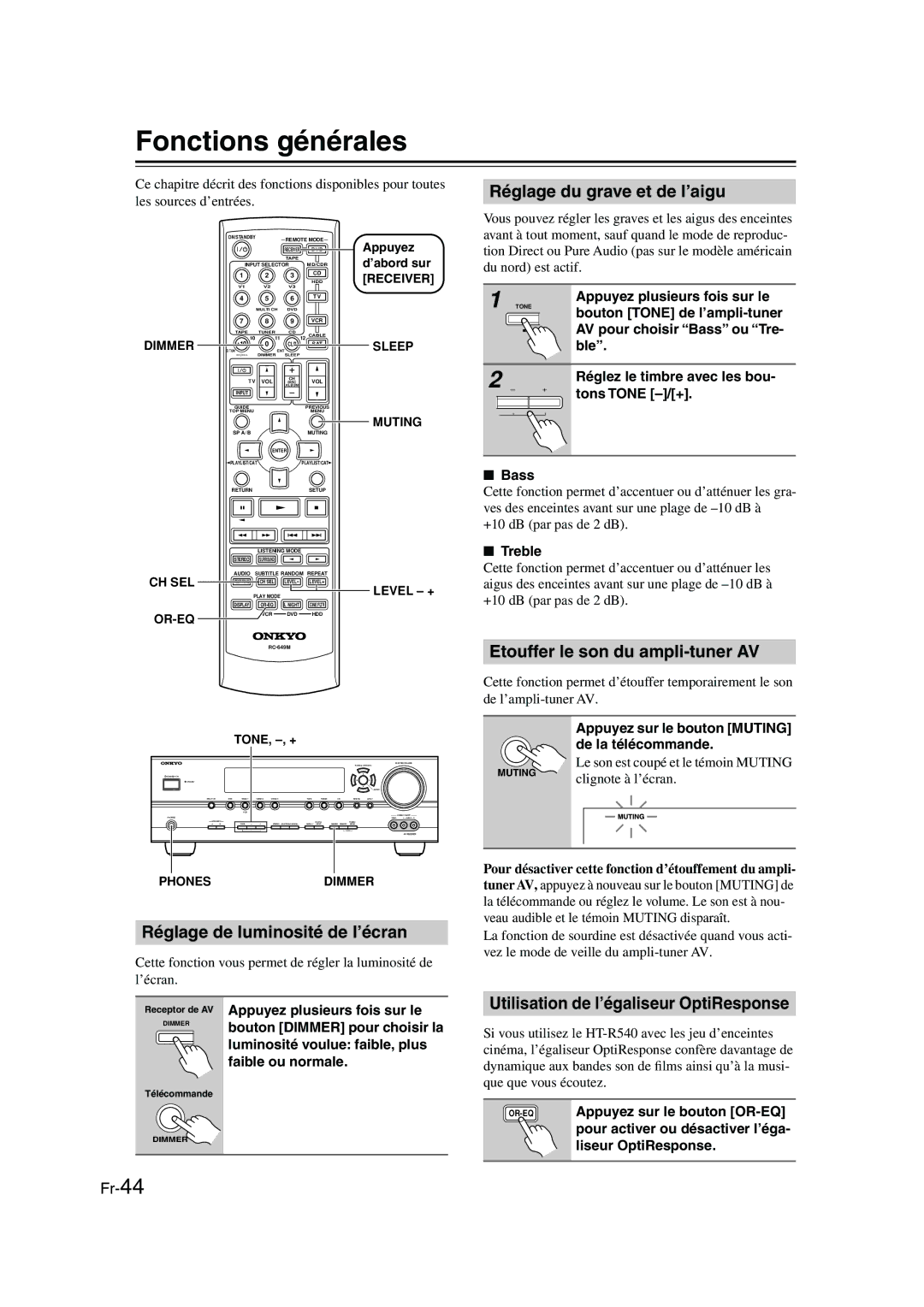 Panasonic HT-S790 manual Fonctions générales, Réglage de luminosité de l’écran, Réglage du grave et de l’aigu 