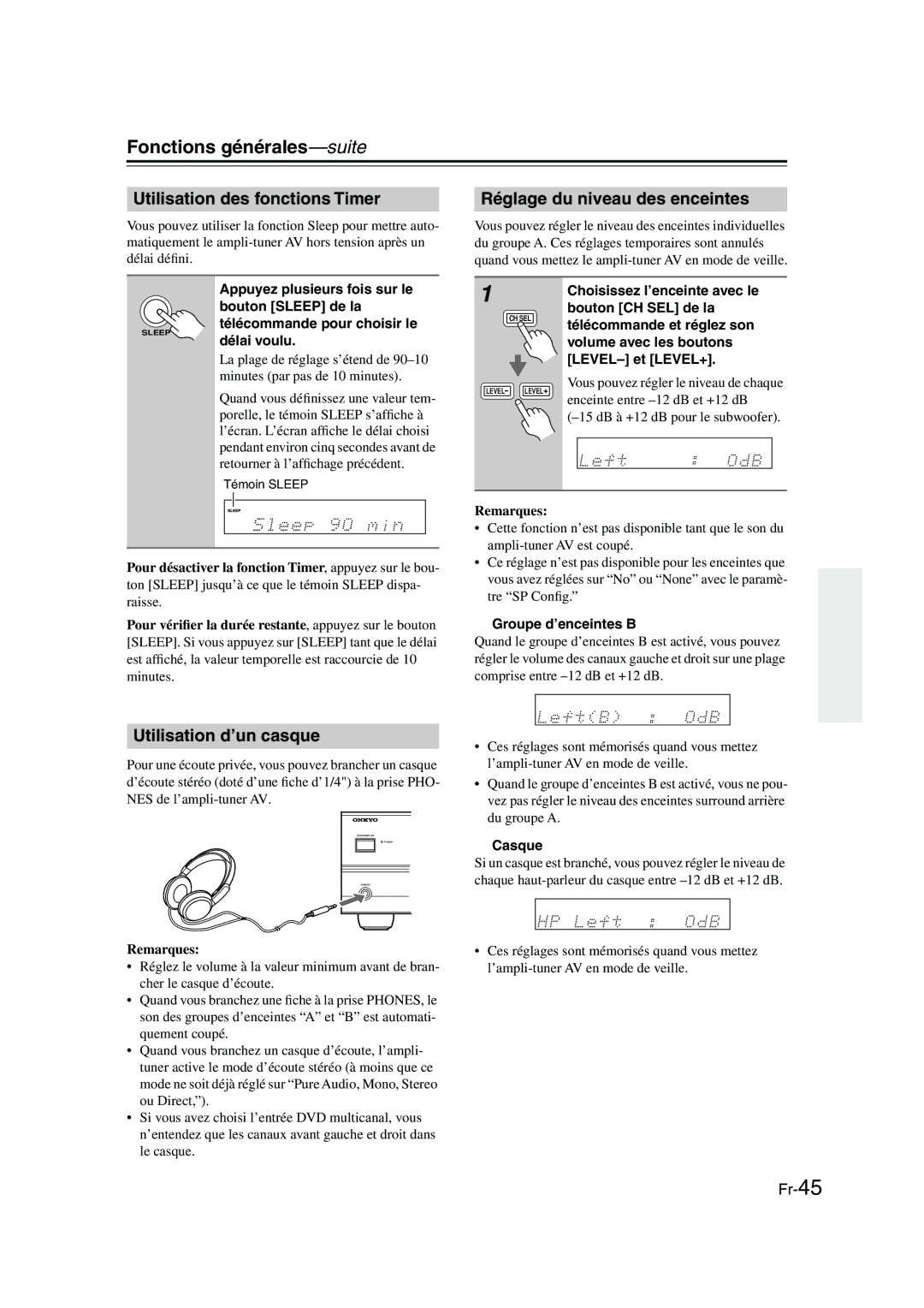 Panasonic HT-S790 manual Fonctions générales-suite, Utilisation des fonctions Timer, Réglage du niveau des enceintes 