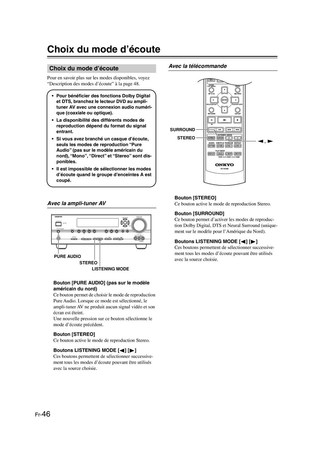 Panasonic HT-S790 manual Choix du mode d’écoute, Avec la télécommande, Avec la ampli-tuner AV 