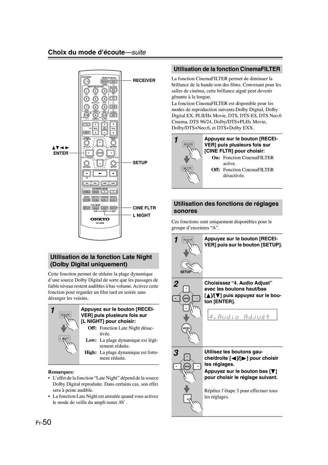 Panasonic HT-S790 manual Utilisation de la fonction CinemaFILTER, Utilisation des fonctions de réglages sonores 