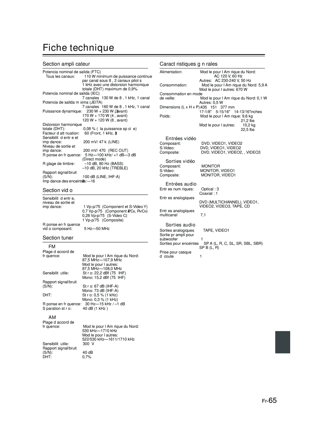 Panasonic HT-S790 manual Fiche technique, Section ampliﬁcateur, Section vidéo, Section tuner, Caractéristiques générales 