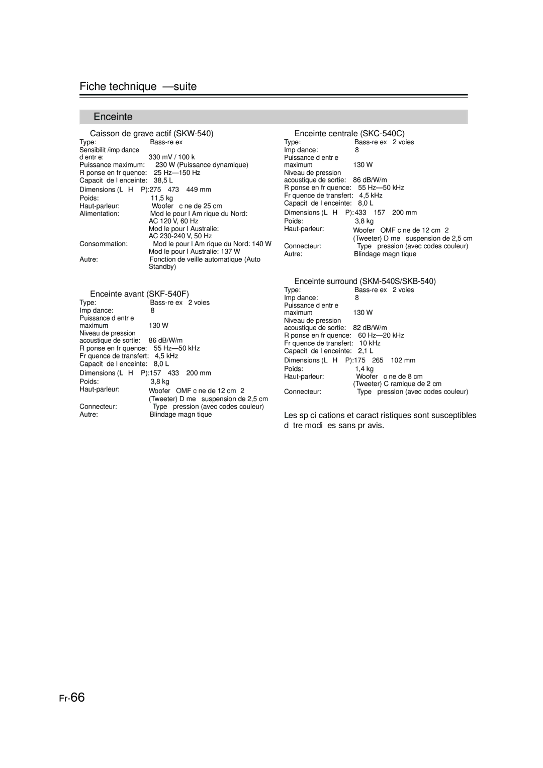 Panasonic HT-S790 manual Fiche technique-suite, Enceinte 