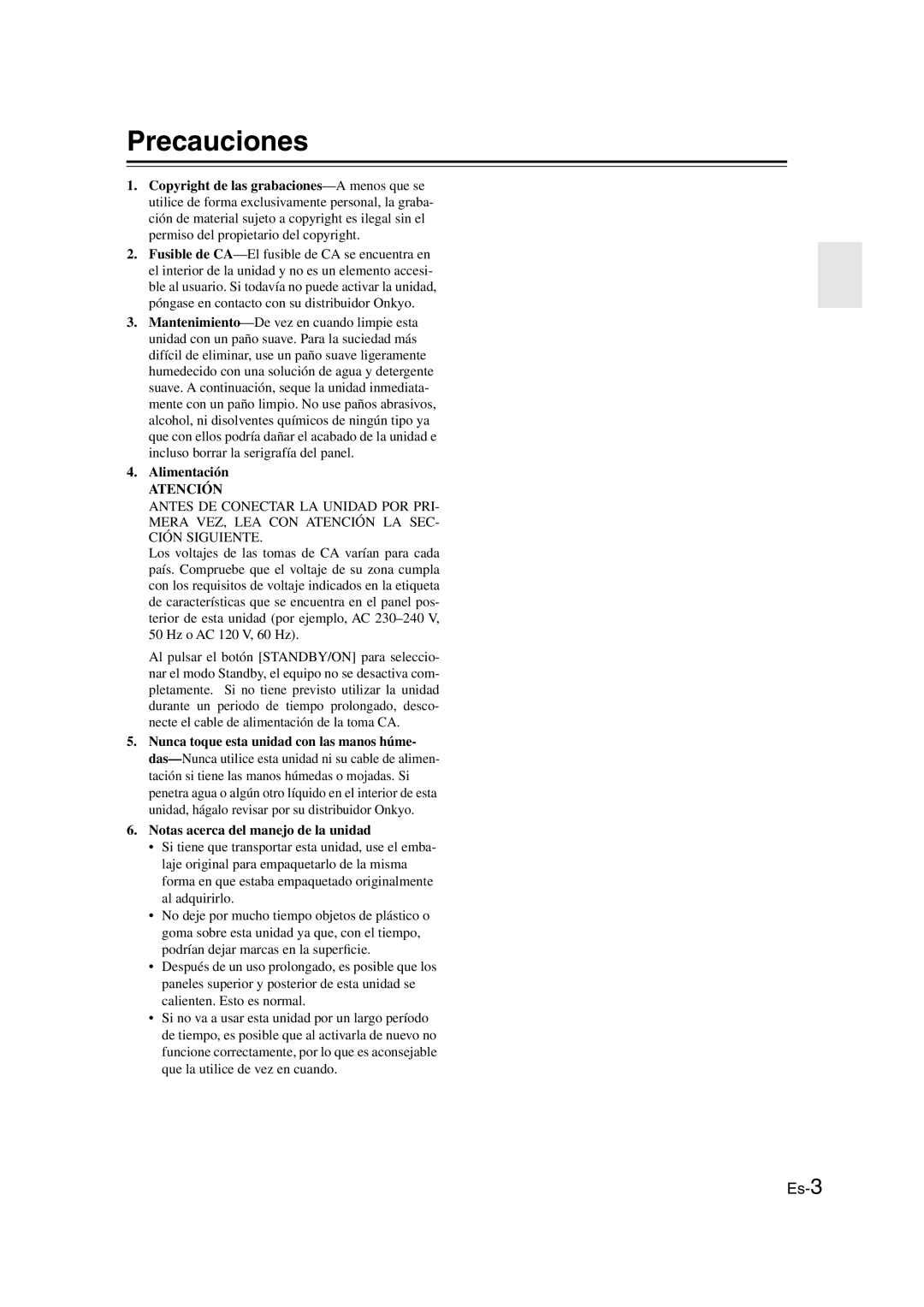 Panasonic HT-S790 manual Precauciones, Alimentación 